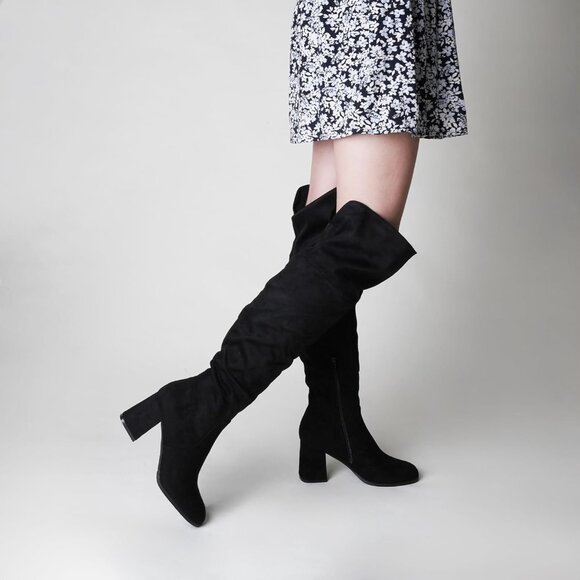 J.Adams Black Vegan Suede Over The Knee Trendy Low Block Heel Thigh High Boots - Picture 4 of 5
